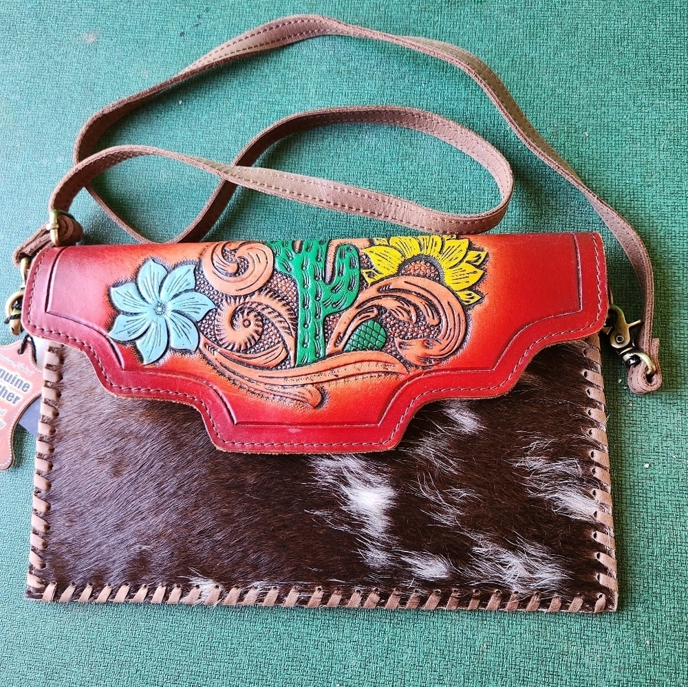 American Darling Painted Tool Leather Purse Painted Cactus and Sunflower
